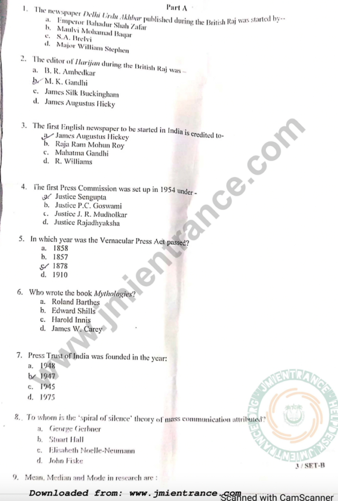 MA Media Governance 2022 Jamia Entrance Question Paper