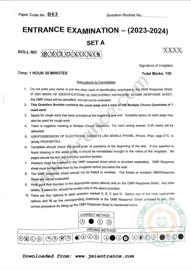 BSc Bioscience 2023 Jamia Entrance Question Paper