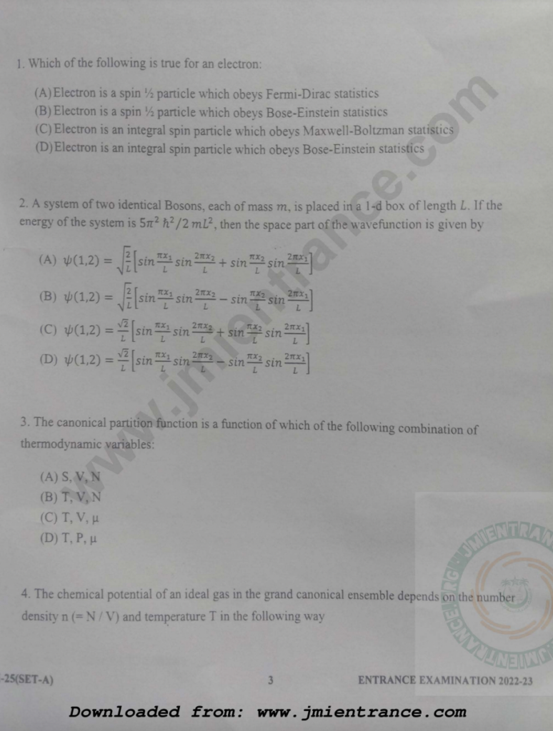 MSc Physics 2022 - Jamia Entrance Question Paper