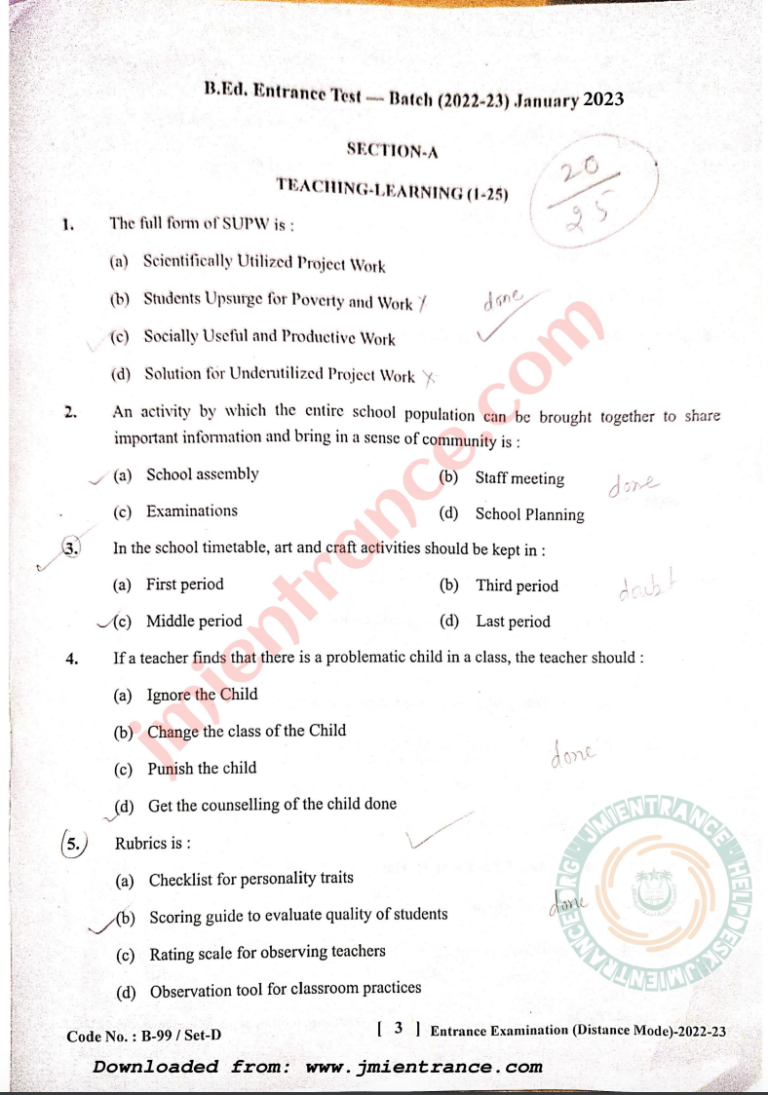 B.Ed Distance 2023 (January Batch) - Jamia Question Paper