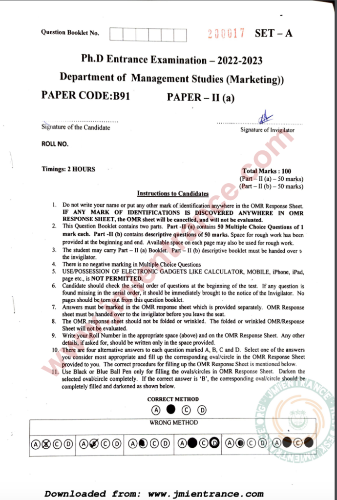 phd entrance exam 2023 question paper