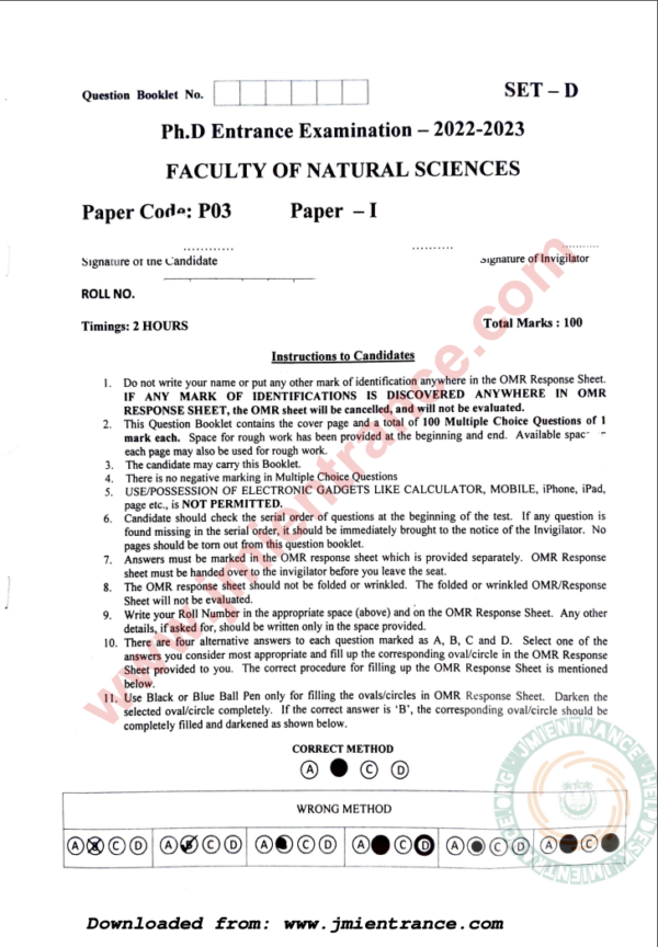 jamia-phd-natural-sciences-2023-entrance-question-paper