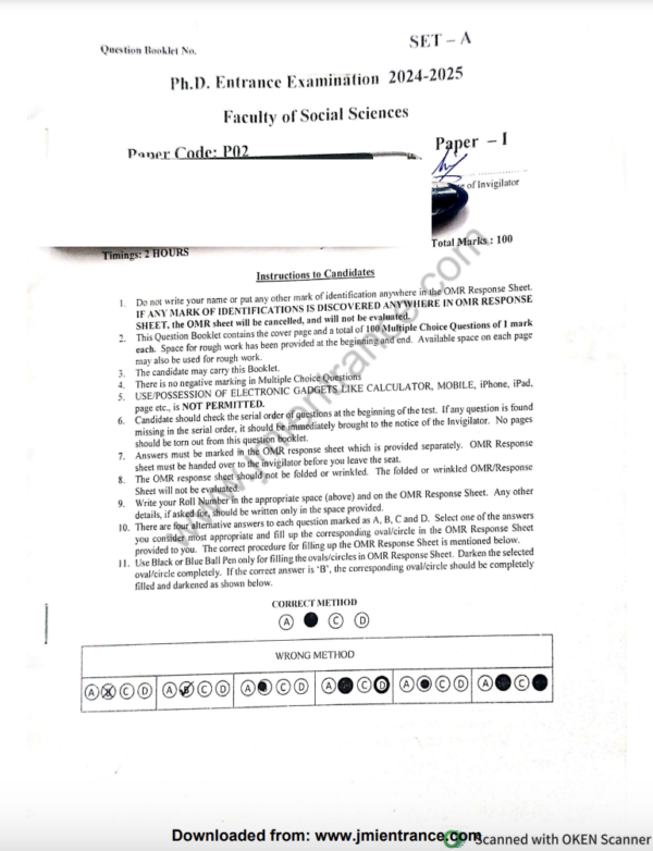 PhD Faculty of Social Sciences (Paper -1) 2024 - Jamia Entrance Paper